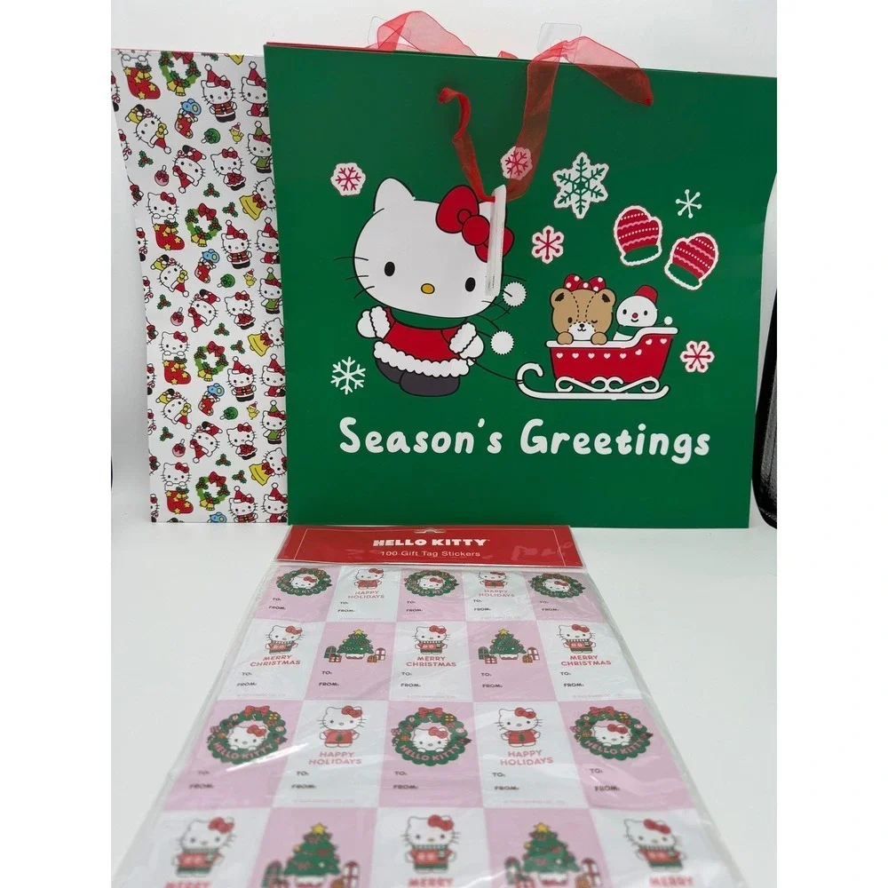 Hello‎ Kitty Christmas Gift Bag Set Sanrio Holiday Stickers Tags Present